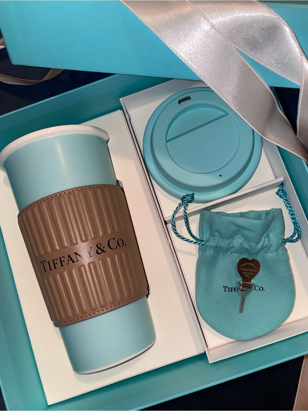 DISCONTINUED Tiffany & Co. Blue Travel Mug w/ Sleeve & Sterling Silver Stopper